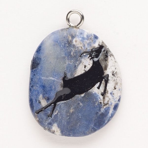 Focal, steel/sodalite (natural)/enamel, pkg/1, silver finish and black, 30x24mm-39x27mm single-sided puffed freeform with jumping deer, B- grade. image number 0
