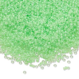 Seed bead, Miyuki, glass, pkg/35g, #15 rocaille, translucent luminous inside dyed color mint green, (RR-1120).