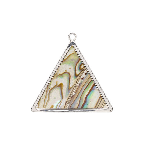 Drop, paua shell (assembled) / resin / imitation rhodium-finished brass, multicolored, 25x24x24mm double-sided triangle. Sold individually. image number 0