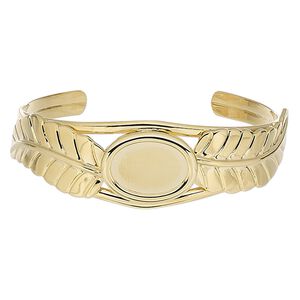 Bracelet, cuff, gold-plated brass / steel / "pewter" (zinc-based alloy), 22mm wide with 65x18mm feather and 18x13mm oval setting, adjustable. Sold individually.