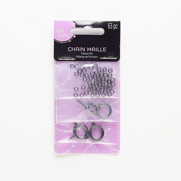 Jump ring and clasp, gunmetal-finished steel and "pewter" (zinc-based alloy), 3mm 22-gauge round / 12mm round toggle / 12mm springring. Sold per pkg of 63. image number 0