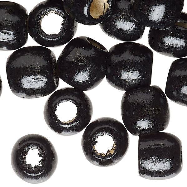 Bead, wood (dyed/waxed), black, 12x11mm barrel. Sold per pkg of 100. image number 0