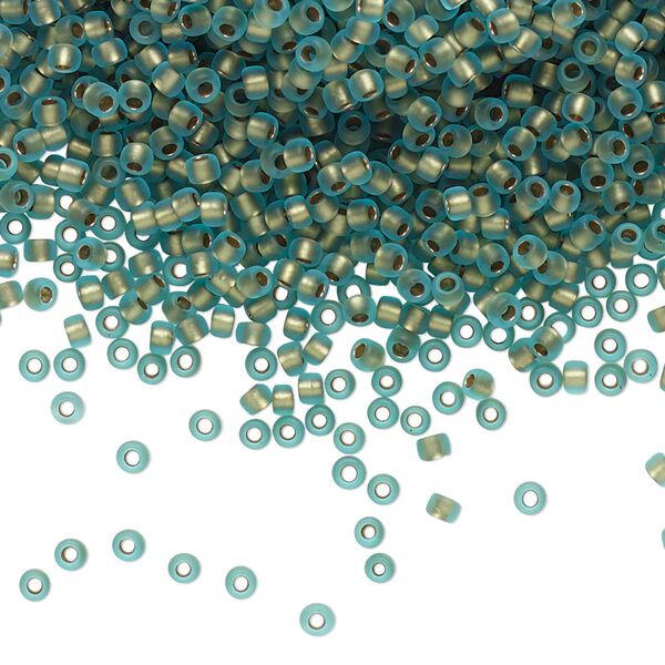 Seed bead, TOHO BEADS®, glass, pkg/250g, #11 round, translucent gold-lined frosted aqua (TR-11-995F). image number 0