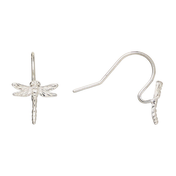 Ear wire, Amoracast®, sterling silver, 13mm fishhook dragonfly and open loop, 20 gauge. Sold per pair. image number 0