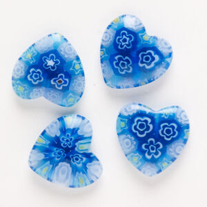 Bead, millefiori glass, pkg/4, translucent cobalt blue/ yellow/white, 18-20mm half-drilled puffed heart.