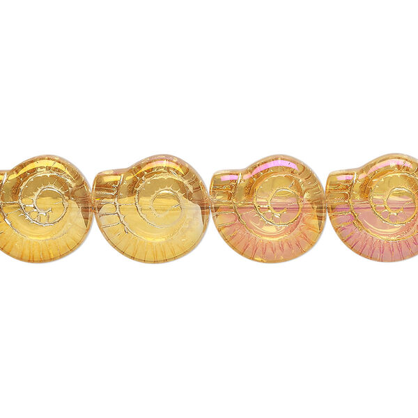 Bead, glass, translucent orange AB, 12x11.5mm nautilus shell. Sold per 15-1/2" to 16" strand. image number 0