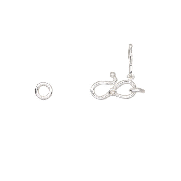 Clasp, S-hook, sterling silver and cubic zirconia, clear, 11x7mm single-sided with safety latch and (2) 4.5mm closed jump rings. Sold individually. image number 0