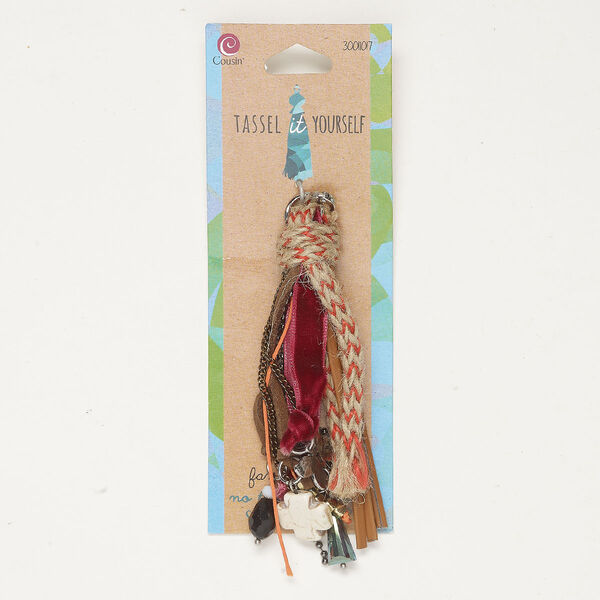 Tassel 1pkg1, multi-finished mixed metal / multi-fiber / glass / magnesite (natural), mixed colors, 4 inches with hinged bail / drops / charms. image number 0