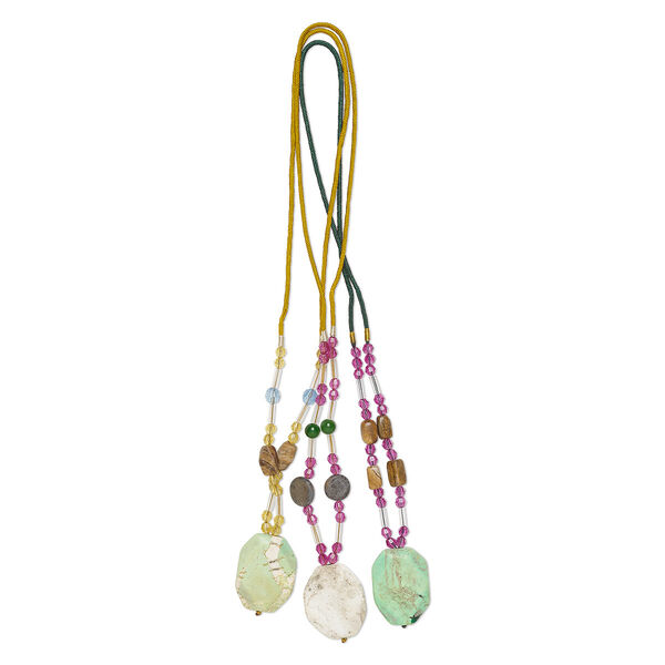 Component mix, magnesite / multi-gemstone (natural / dyed) / nylon / acrylic / glass, multicolored, 39x30mm-40x32mm octagon, 20-inch continuous loop. Sold per pkg of 3. image number 0