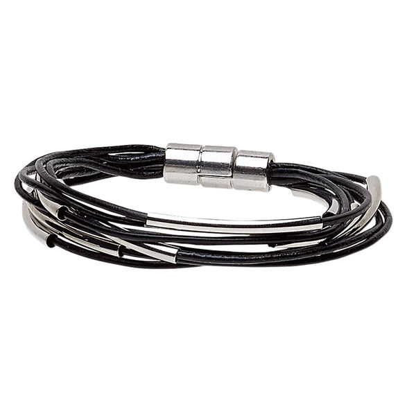 Bracelet, 8-strand, leather (dyed) with silver-plated brass and "pewter" (zinc-based alloy), black, 12mm wide with 37x3mm curved tube, 6 inches with magnetic clasp. Sold individually. image number 0