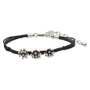 Bracelet, 5-strand, crystals / waxed cotton cord / antique silver-finished steel / brass / "pewter" (zinc-based alloy), black, 4mm wide with 12mm fancy flower, 7-1/2 inches with 3-inch extender chain and lobster claw clasp.