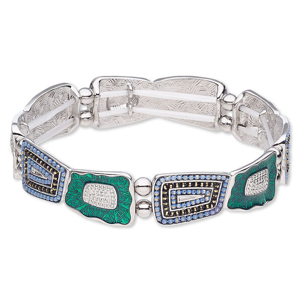 Bracelet, stretch, enamel / imitation rhodium-coated plastic / imitation-rhodium-finished "pewter" (zinc-based alloy), green / light blue / black, 15mm wide with trapezoid, 7 inches. Sold individually. image number 0