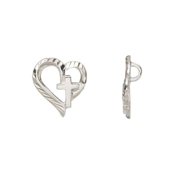Slide, sterling silver, 15.5x14mm diamond-cut open heart with cross and 2 hidden loops. Sold individually. image number 0