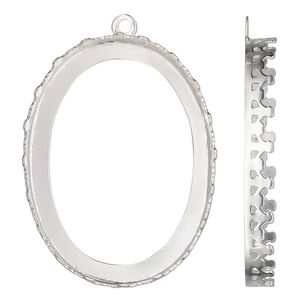 Drop, sterling silver, 41.5x32mm oval with decorative trim and open back with 40x30mm oval cabochon bezel setting. Sold individually.