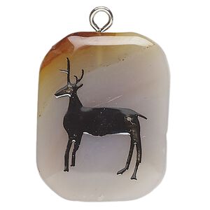 Focal, red agate (dyed / heated) / enamel / silver-finished steel, light to medium and black, 33x27mm-40x30mm puffed freeform with deer, B- grade, Mohs hardness 6-1/2 to 7. Sold individually.