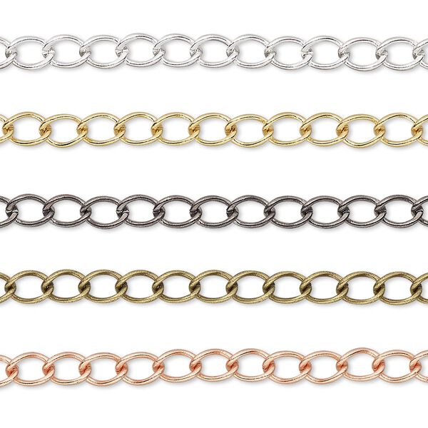 Extender chain mix, gold- / silver- / gunmetal- / copper- / antique gold-plated brass, 3.5mm curb. Sold per pkg of (5) 3-inch sections. image number 0