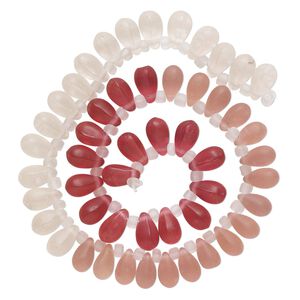 Bead, glass, translucent matte pale pink, light pink and dark pink, 11x7mm top-drilled teardrop with irregular rondelles. Sold per 14-inch strand.
