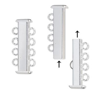 Clasp slide lock 1pkg4 silver-plated, 26x7mm rectangle tube, brass 4-strand