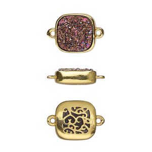 Link, Druzylite™, "druzy" (resin) and gold-finished brass, metallic purple, 11.5mm two-sided square with open filigree back. Sold per pkg of 4.