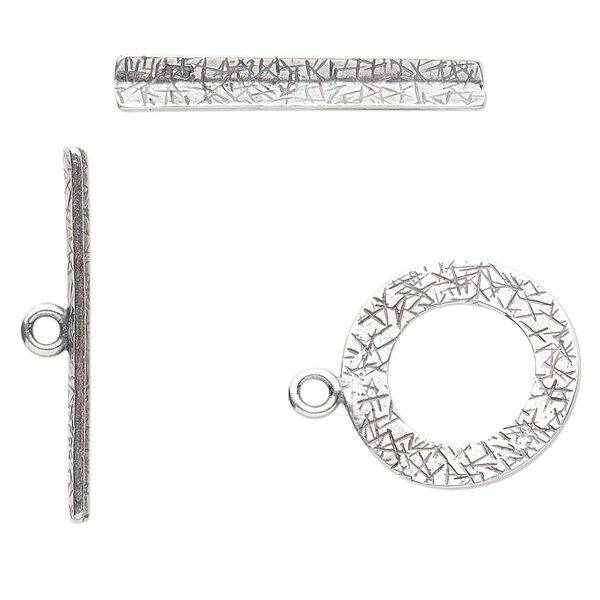 Clasp, JBB Findings, toggle, antique silver-plated brass, 18mm textured curved round. Sold individually. image number 0