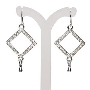 Earring, glass rhinestone with imitation rhodium-finished steel and "pewter" (zinc-based alloy), clear, 2 inches with open diamond and fishhook ear wire. Sold per pair.