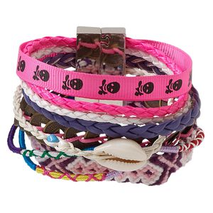 Bracelet, 10-strand, cowrie shell (natural) / polyester / nylon / polyurethane / silver-coated plastic / silver-finished "pewter" (zinc-based alloy), purple and multicolored, 37mm wide, 6-1/2 inches with magnetic locking clasp. Sold individually.