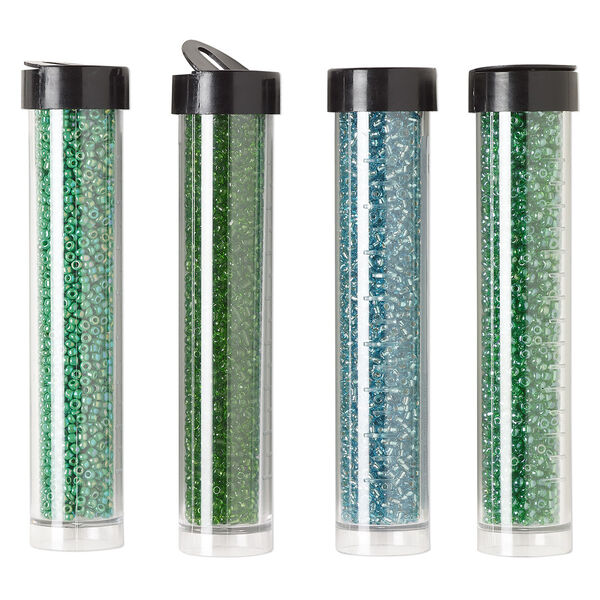 Seed bead assortment, Ming Tree™, glass, pkg/(4) 4 x 3/4 inch vials, #11 round, opaque and transparent silver-lined rainbow teal and green. image number 0