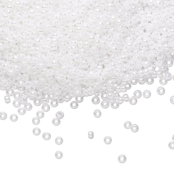 Seed bead, Miyuki, glass, pkg/25g, #11 rocaille, opaque luster white pearl, (RR-420). image number 0