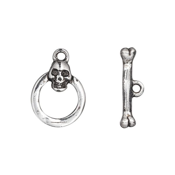 Clasp, toggle, pewter (tin-based alloy), pkg/1, antique silver plate, 17x14mm round with skull. image number 0
