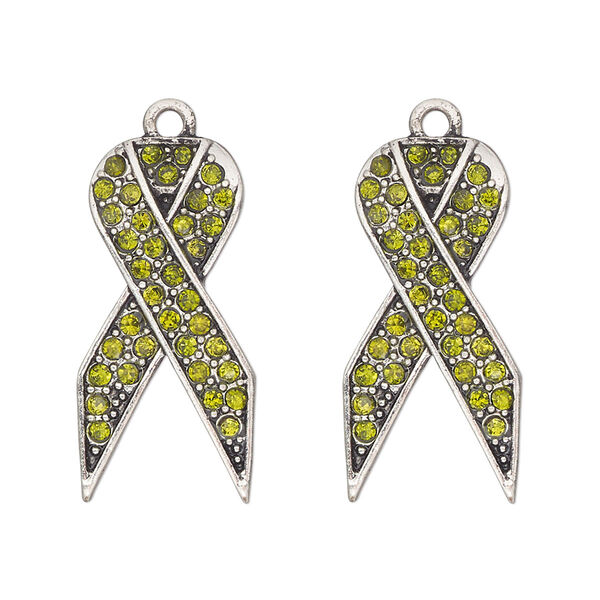 Charm, antique silver-finished "pewter" (zinc-based alloy) and glass, olive green, 27x13mm single-sided awareness ribbon. Sold per pkg of 2. image number 0