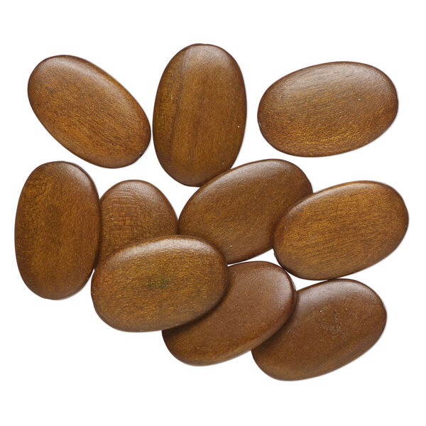 Bead, wood (dyed), walnut brown, 30x19mm-31x20mm flat oval. Sold per pkg of 10. image number 0