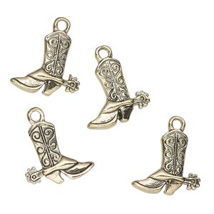 Charm, antique gold-finished "pewter" (zinc-based alloy), 14mm cowboy boot with swirl design. Sold per pkg of 4.