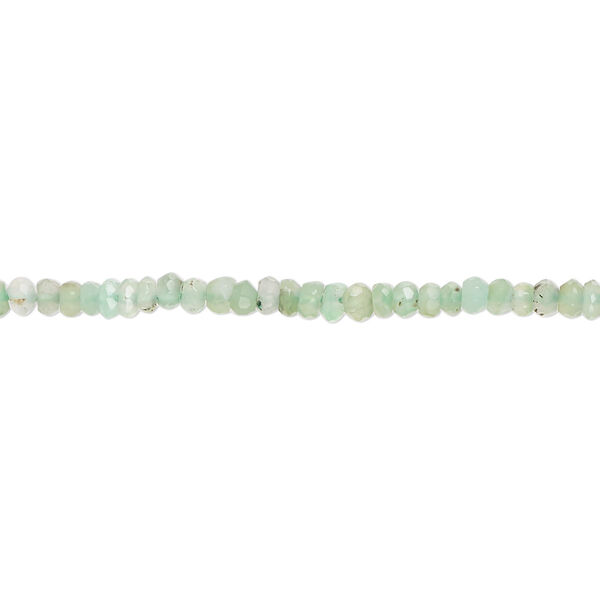 Bead, chrysoprase (natural), light, 2x1mm-3x2mm hand-cut faceted rondelle with 0.4-1.4mm hole, B grade, Mohs hardness 6-1/2 to 7. Sold per 13-inch strand, approximately 200 beads. image number 0