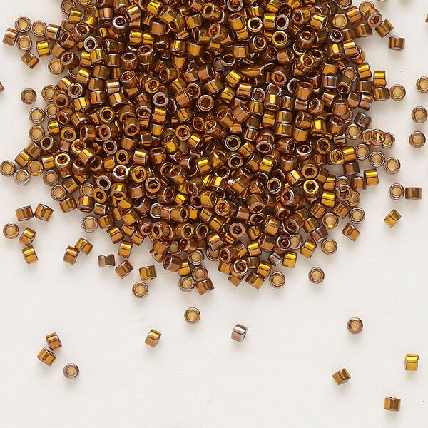 Seed bead, Delica®, glass, pkg/4g, #11 round, opaque 24Kt gold-plated iris dark yellow (DB-0505). image number 0