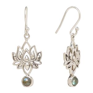 Earring, Create Compliments®, antiqued sterling silver and labradorite (natural), fishhook, 37.5mm with 22.5 x 14.5mm single-sided lotus, 21 gauge. Sold per pair.
