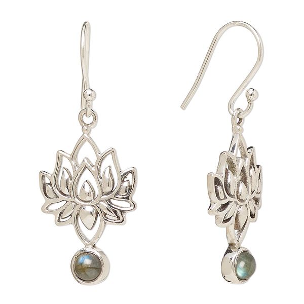 Earring, Create Compliments®, antiqued sterling silver and labradorite (natural), fishhook, 37.5mm with 22.5 x 14.5mm single-sided lotus, 21 gauge. Sold per pair. image number 0