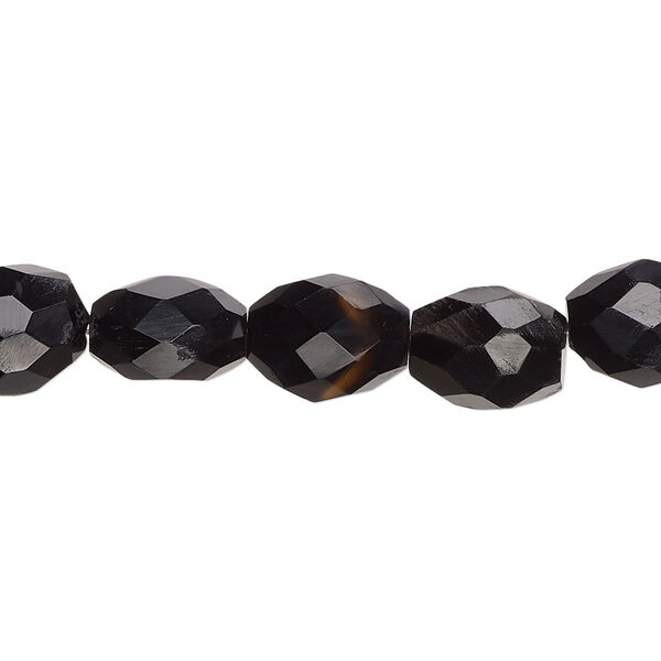 Bead, black onyx (dyed), 9x7mm-13x9mm hand-cut faceted puffed oval with 0.4-1.4mm hole, B grade, Mohs hardness 6-1/2 to 7. Sold per 8-inch strand, approximately 20 beads. image number 0