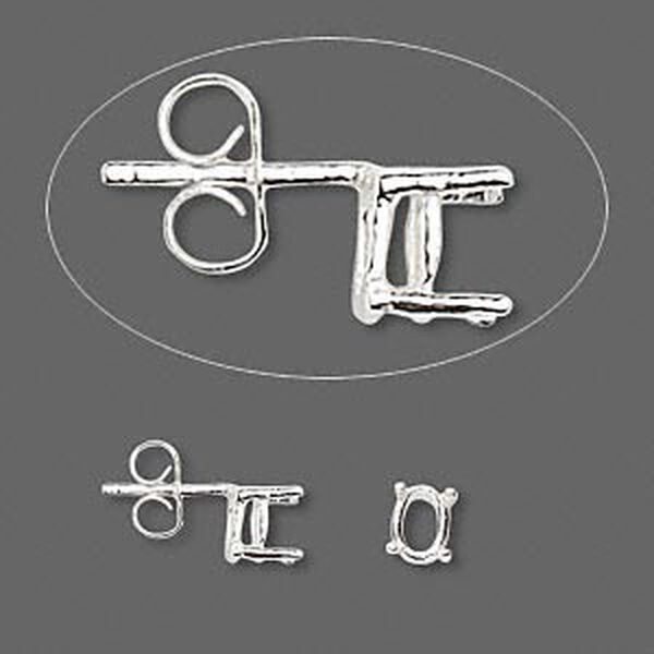 Earstud, Sure-Set™, sterling silver, 6x4mm with 4-prong oval basket setting. Sold per pair. image number 0