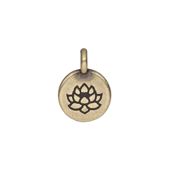 Drop, TierraCast®, antique brass-plated pewter (tin-based alloy), 11.5mm single-sided round with lotus. Sold per pkg of 2. image number 0