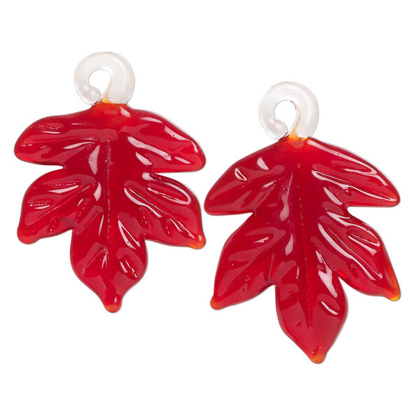Drop, lampworked glass, translucent red, 25x24mm handmade single-sided maple leaf. Sold per pkg of 2. image number 0