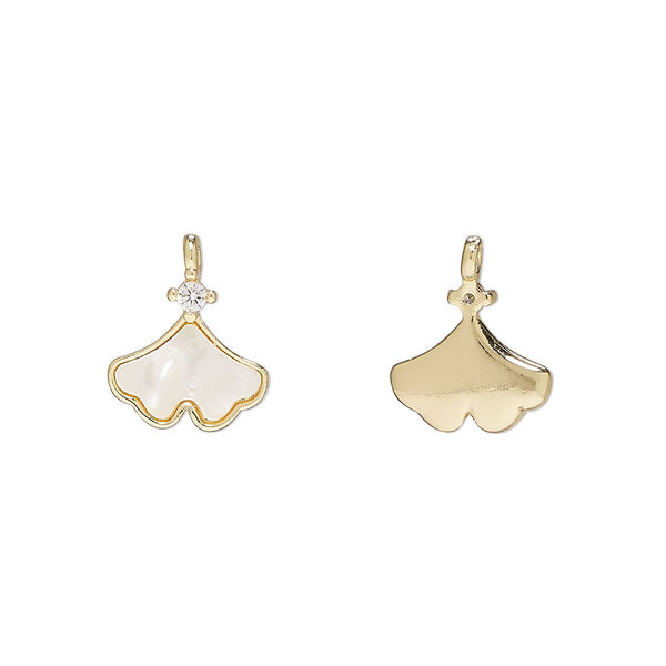 Charm 1pkg2 brass / mother-of-pearl shell / glass rhinestone, 11mm ginkgo leaf, bleached gold finish / white / clear image number 0