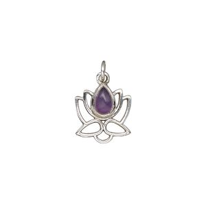 Amethyst / sterling silver 1pkg1, open lotus drop natural antiqued 12x12mm