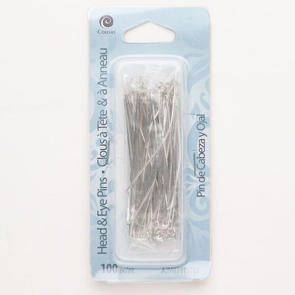 Head pin and eye pin mix, steel, pkg/100, silver finish, 2 inches, 22 gauge. image number 0