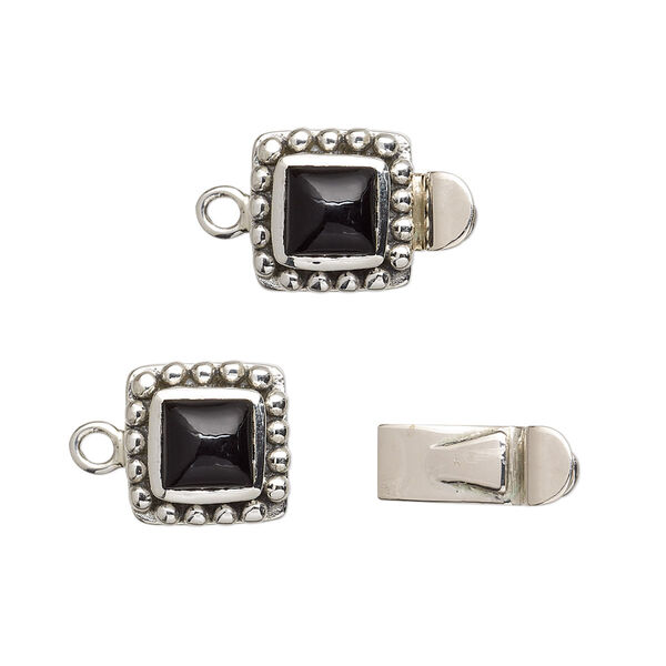 Clasp, tab, black onyx (dyed) and antiqued sterling silver, 11mm square with 6mm domed square cabochon. Sold individually. image number 0