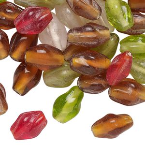 Bead mix, glass, translucent green / brown / clear, 12x7mm-13x8mm twisted double cone. Sold per 2-ounce pkg, approximately 70 beads.
