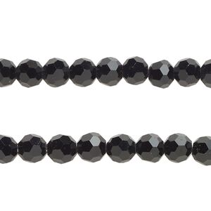 Bead, glass, opaque black, 5-6mm faceted round. Sold per 15-1/2 to 16-inch strand, approximately 75 beads.