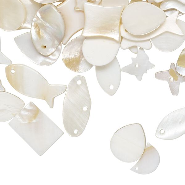Bead mix, mother-of-pearl shell (natural), 10x7mm-22x15mm top- and double-drilled mixed shapes with 0.6mm hole, Mohs hardness 3-1/2. Sold per 1/4 pkg, approximately 215 beads. image number 0
