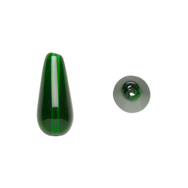 Bead, Czech pressed glass, emerald green, 20x9.5mm teardrop. Sold per 15-1/2" to 16" strand, approximately 20 beads. image number 0