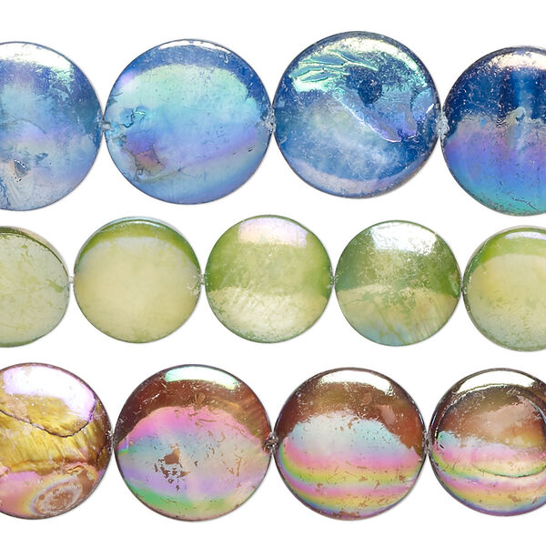 Bead mix, mother-of-pearl shell (bleached / dyed), multicolored AB, 10-16mm puffed flat round with 0.4-0.6mm hole, Mohs hardness 3-1/2. Sold per pkg of (3) 15-inch strands. image number 0