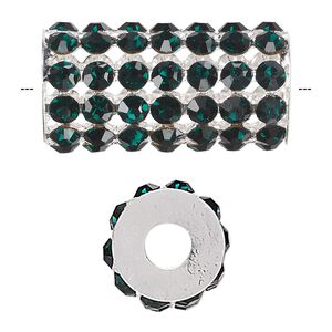 Bead, glass rhinestone and silver-finished brass, emerald green, 32x15mm cylinder with 4mm chatons, 5.75mm hole. Sold individually.